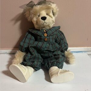GANZ Cream Teddy Bear in Green Plaid Outfit
